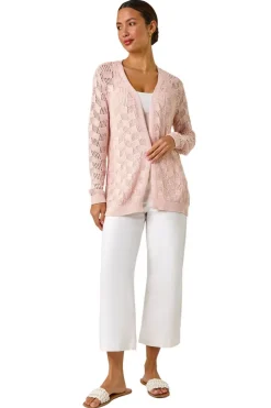 Tops>Roman Pink Shimmer Texture Slouch Stitch Cardigan