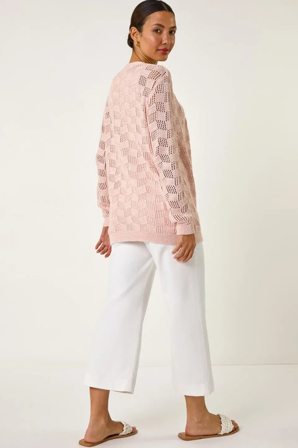 Tops>Roman Pink Shimmer Texture Slouch Stitch Cardigan