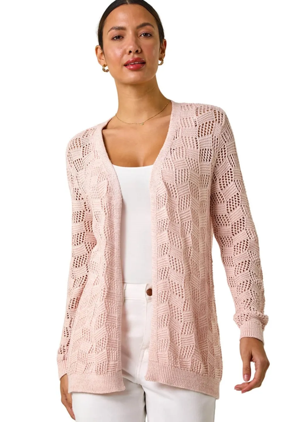 Tops>Roman Pink Shimmer Texture Slouch Stitch Cardigan