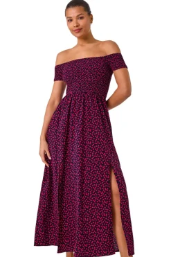 Dresses>Roman Pink Spot Print Shirred Bardot Maxi Dress
