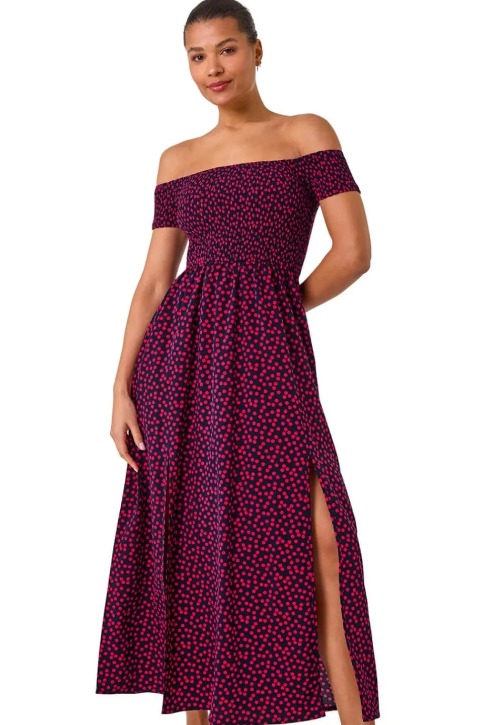 Dresses>Roman Pink Spot Print Shirred Bardot Maxi Dress