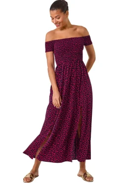 Dresses>Roman Pink Spot Print Shirred Bardot Maxi Dress