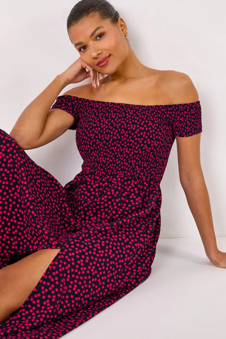 Dresses>Roman Pink Spot Print Shirred Bardot Maxi Dress
