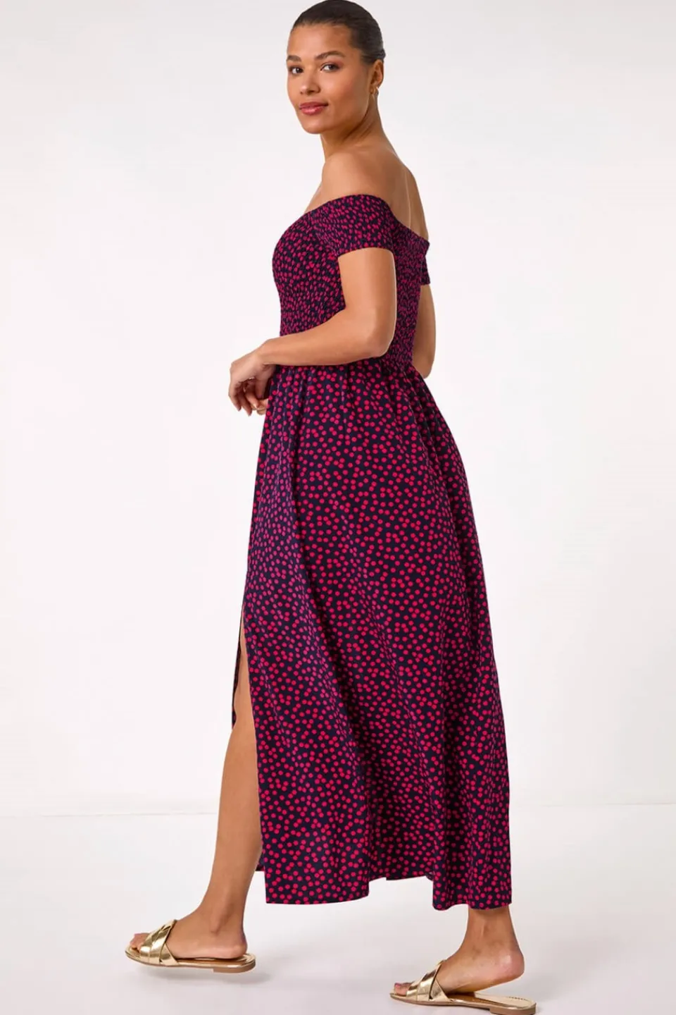Dresses>Roman Pink Spot Print Shirred Bardot Maxi Dress