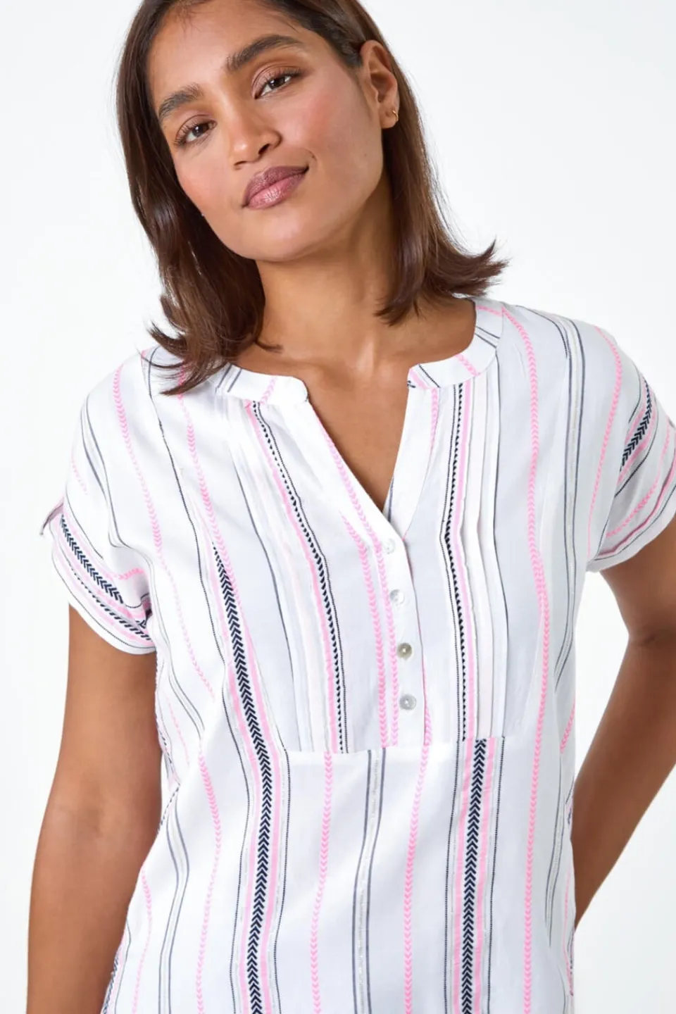 Tops>Roman Pink Stripe Print Button Detail V-Neck Top