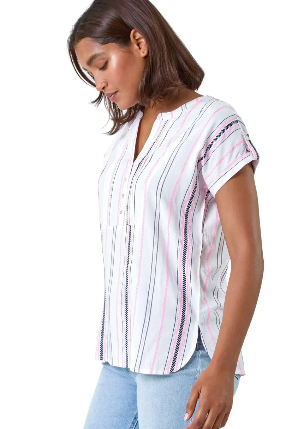 Tops>Roman Pink Stripe Print Button Detail V-Neck Top