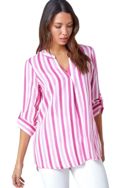 Tops>Roman Pink Stripe Print Pleat Detail Top