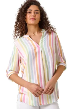 Tops>Roman Pink Stripe Print Pleat Detail Tunic Top