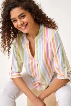 Tops>Roman Pink Stripe Print Pleat Detail Tunic Top