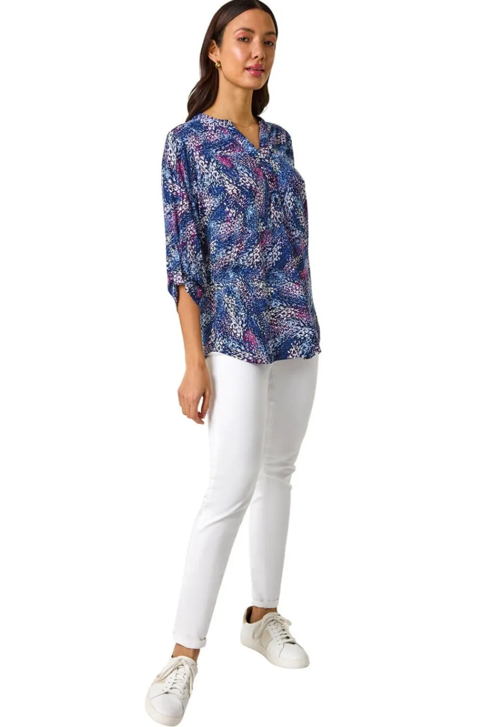T-Shirts>Roman Pink Textured Abstract Print V-Neck Stretch Top
