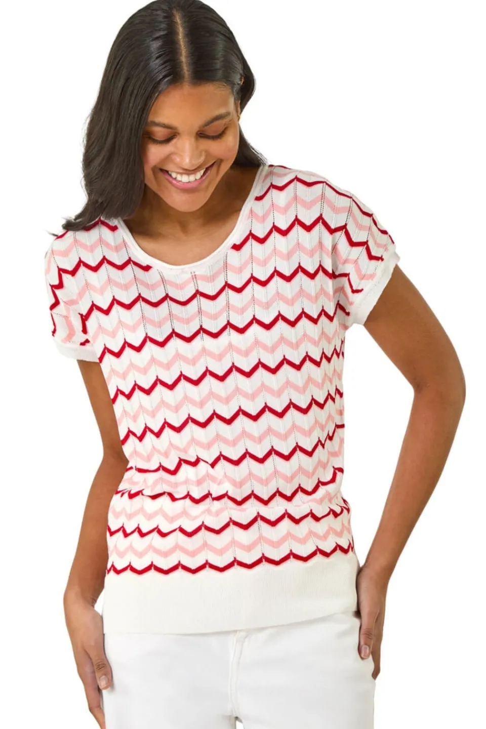 T-Shirts>Roman Pink Textured Chevron Contrast Top
