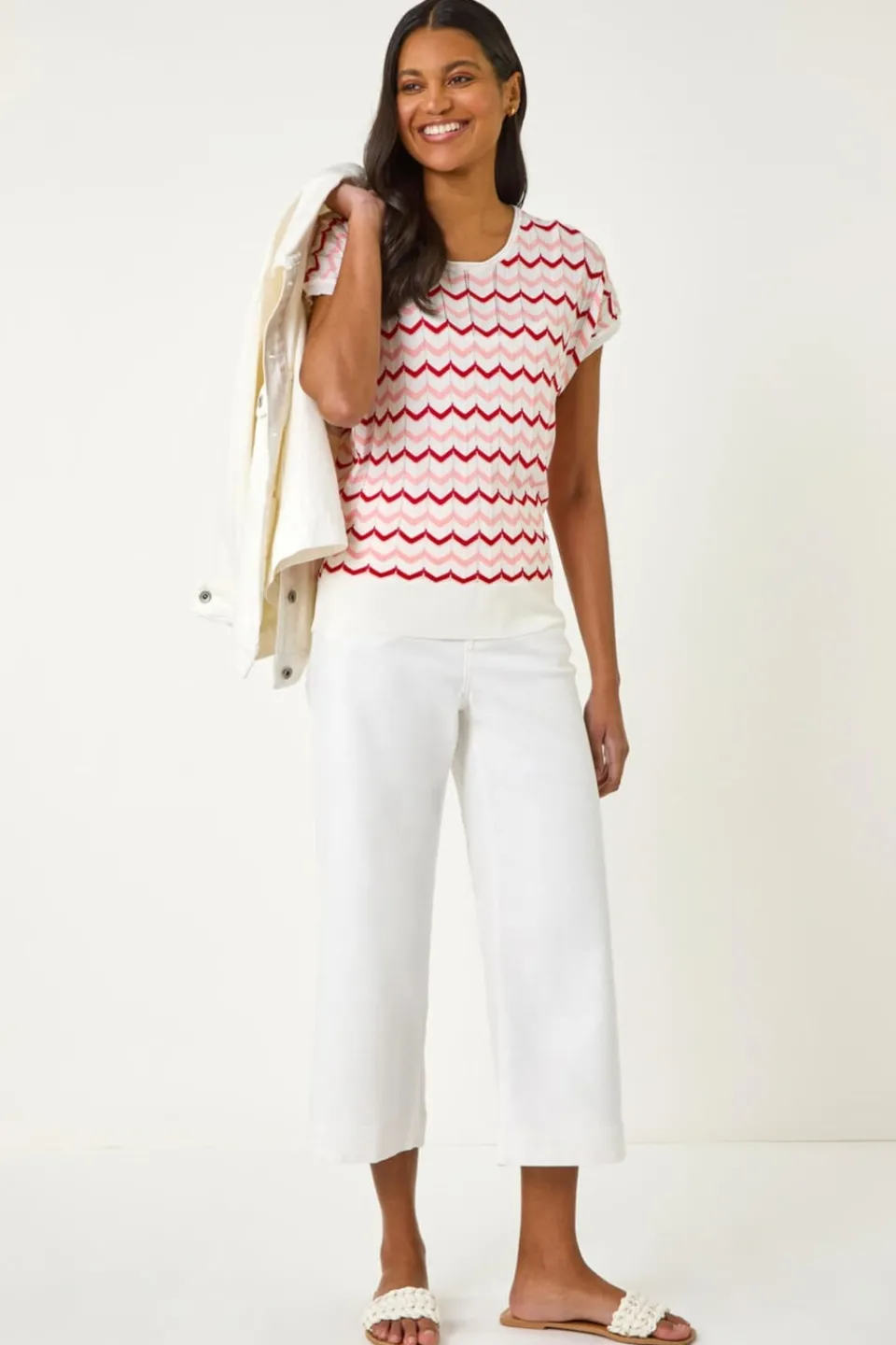 T-Shirts>Roman Pink Textured Chevron Contrast Top
