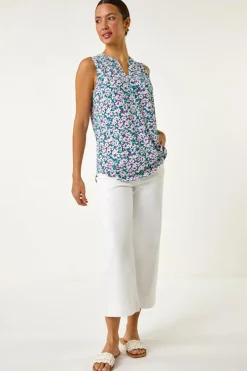 Tops>Roman Pink Textured Floral Print Vest Top
