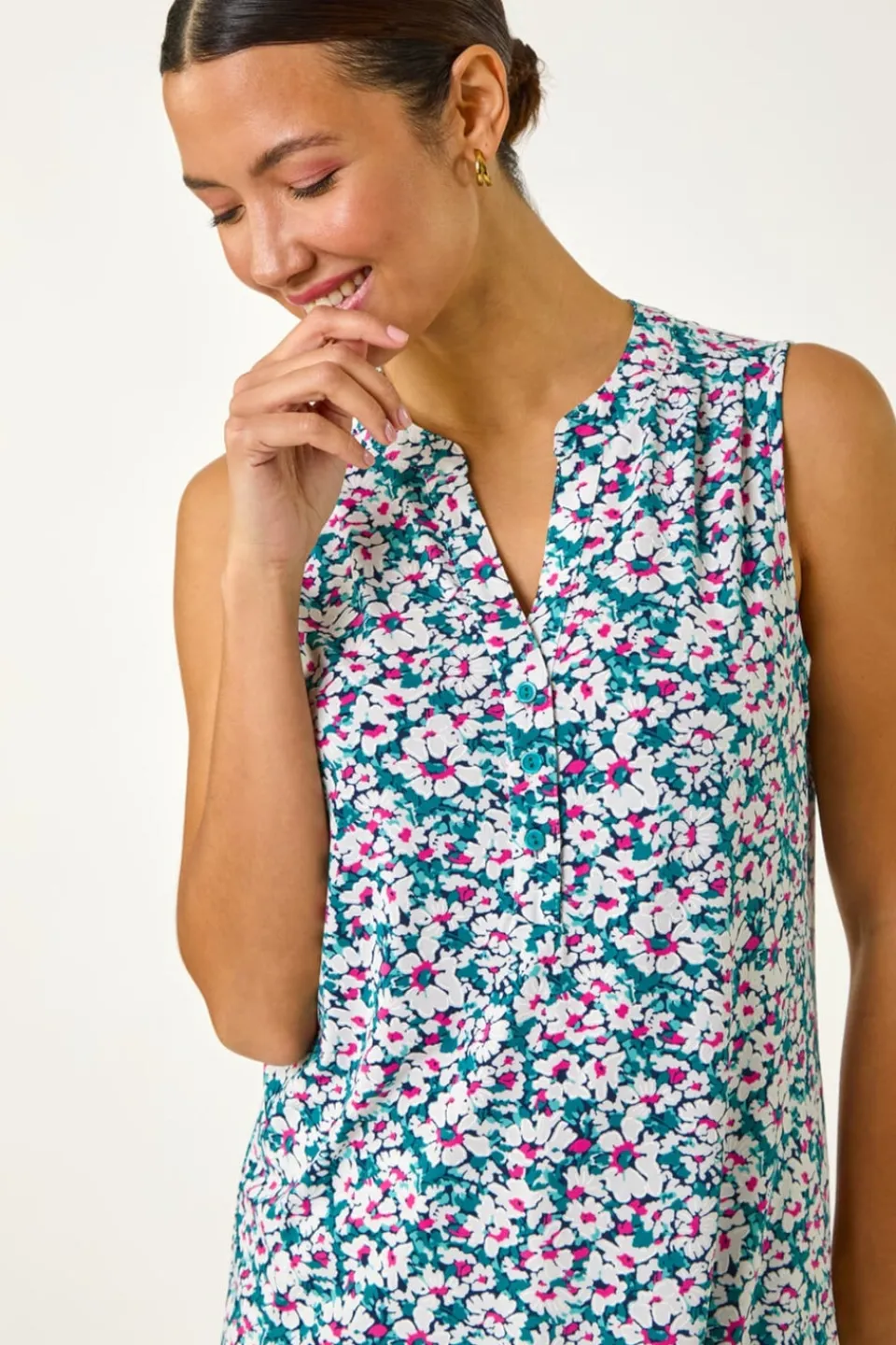 Tops>Roman Pink Textured Floral Print Vest Top