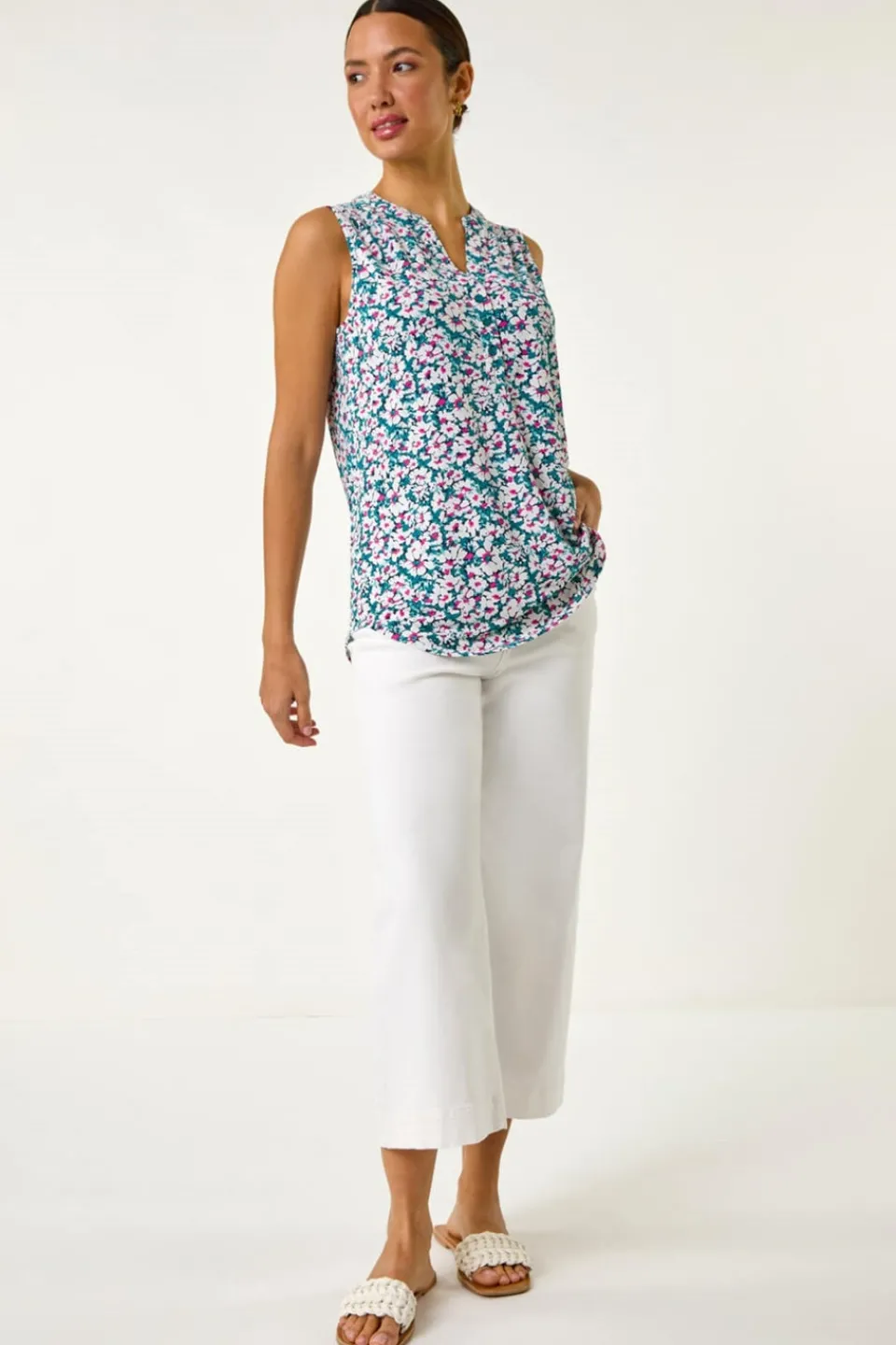 Tops>Roman Pink Textured Floral Print Vest Top
