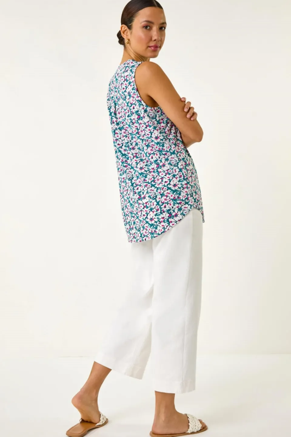 Tops>Roman Pink Textured Floral Print Vest Top