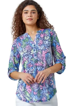 Tops>Roman Pink Textured Floral Print Stretch Tunic Shirt