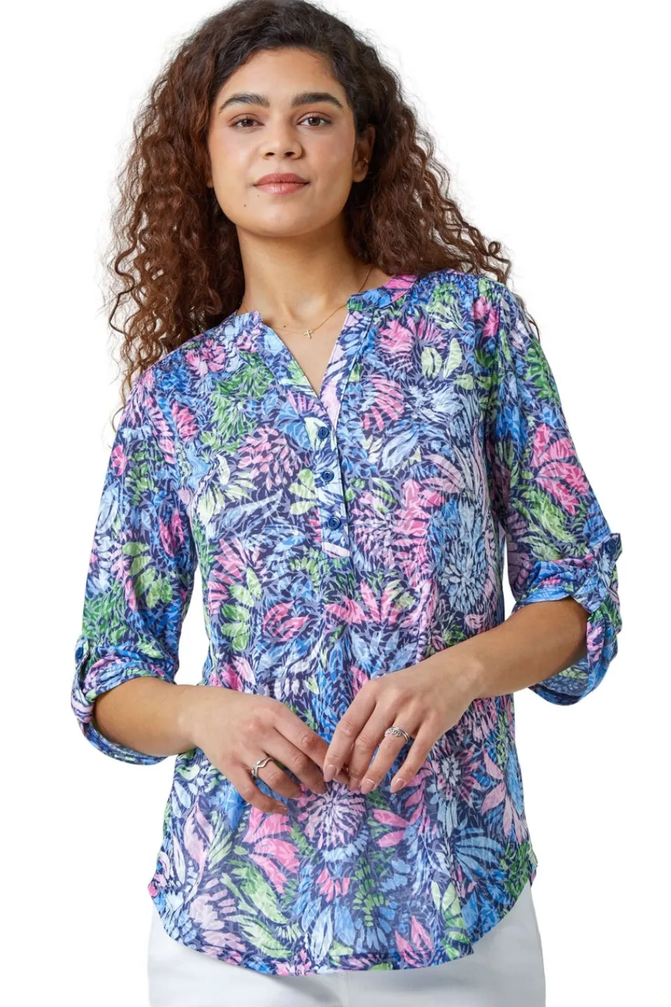 Tops>Roman Pink Textured Floral Print Stretch Tunic Shirt