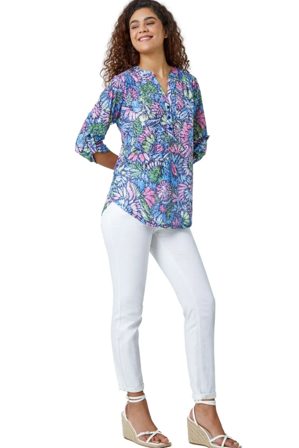 Tops>Roman Pink Textured Floral Print Stretch Tunic Shirt
