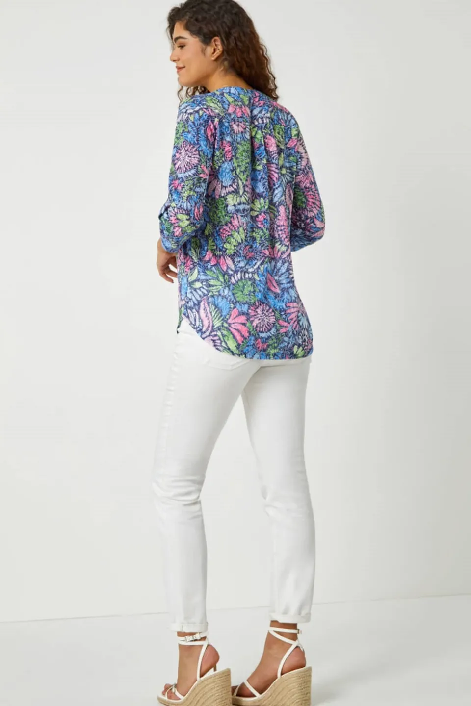Tops>Roman Pink Textured Floral Print Stretch Tunic Shirt