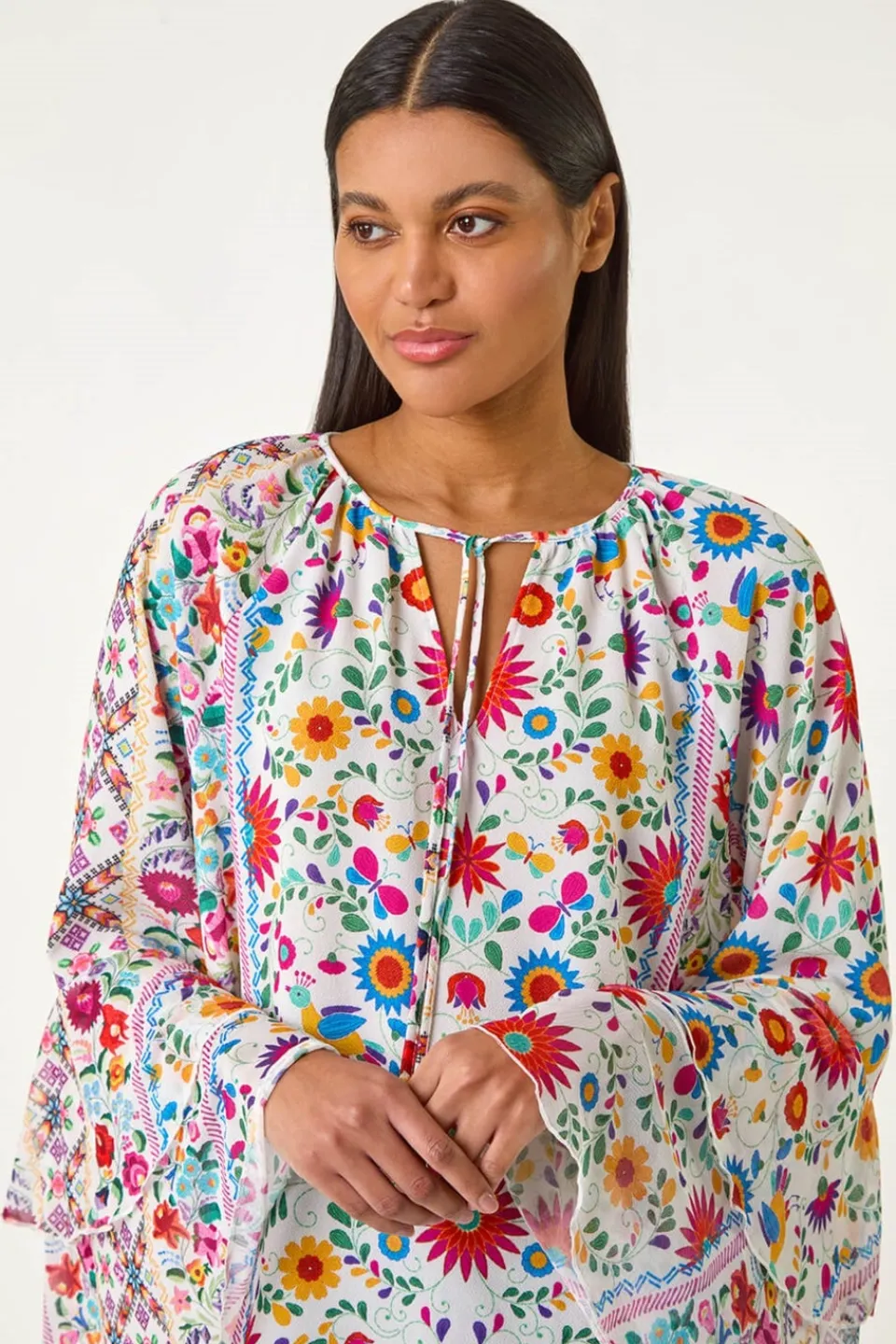 Tops>Roman Pink Tie Front Floral Print Top