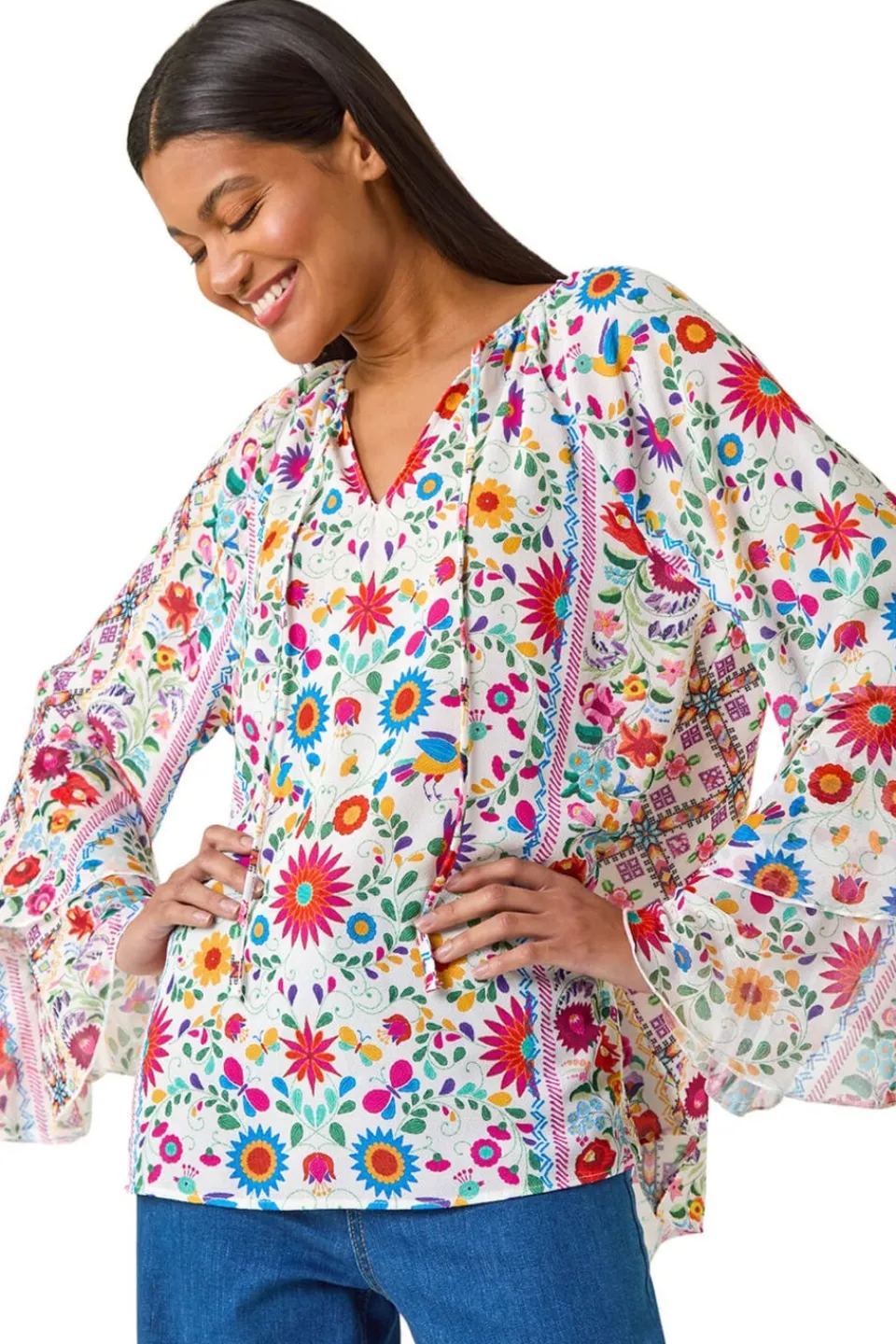 Tops>Roman Pink Tie Front Floral Print Top