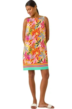 Dresses>Roman Pink Tropical Leaf Print Shift Dress
