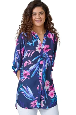 T-Shirts>Roman Pink Tropical Print Longline Blouse
