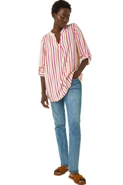 Tops>Roman Pink Vertical Stripe Pleat Detail Top