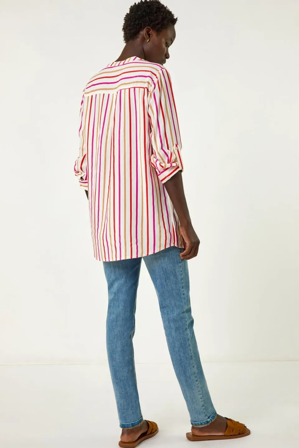 Tops>Roman Pink Vertical Stripe Pleat Detail Top