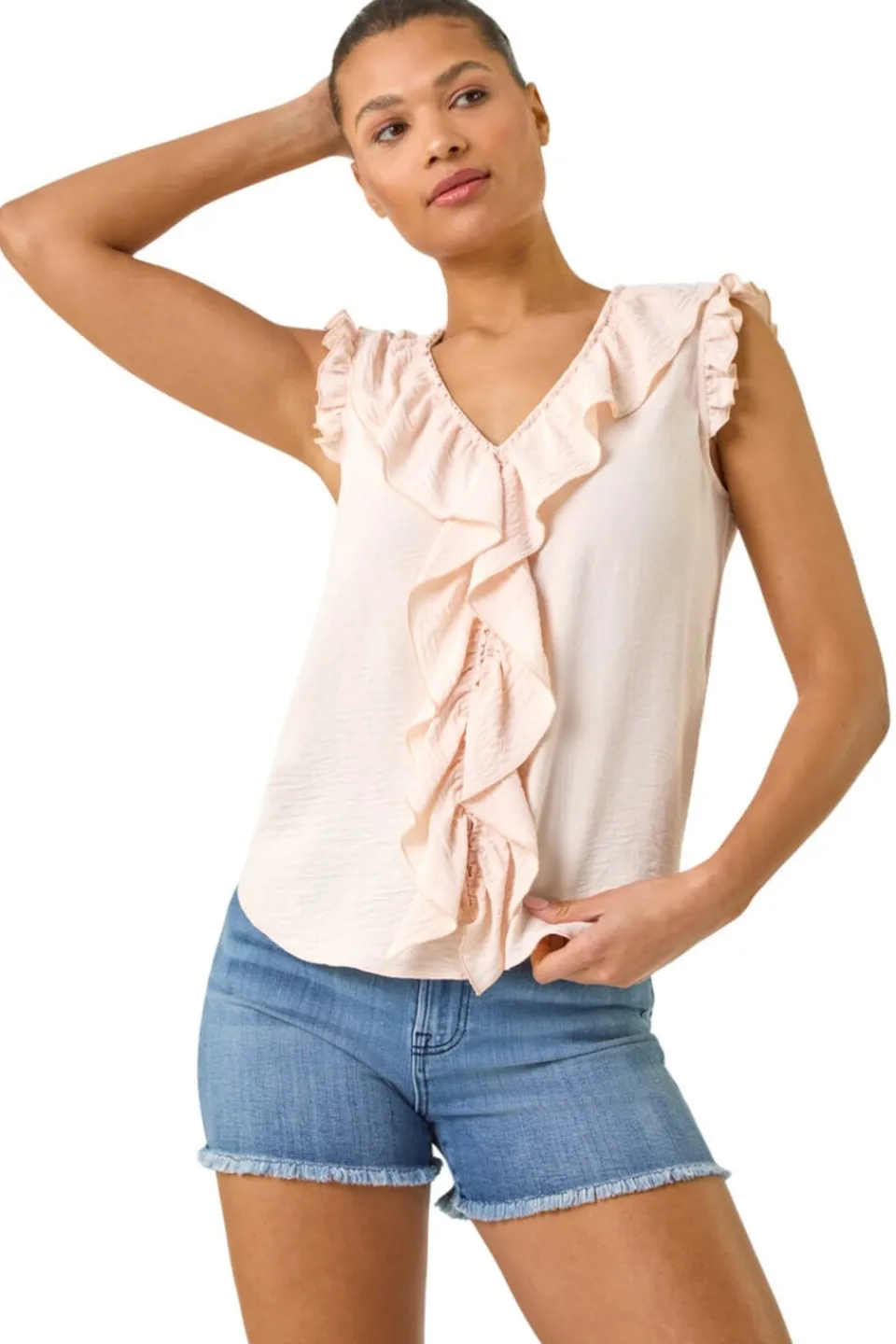 Tops>Roman Pink V-Neck Ruffle Front Vest Top