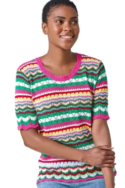 Tops>Roman Pink Wave Print Knitted Cotton Top