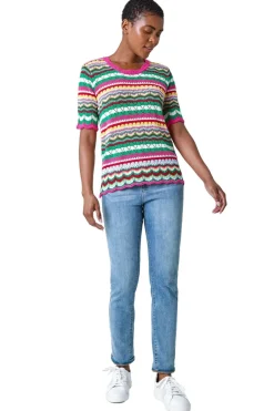 Tops>Roman Pink Wave Print Knitted Cotton Top