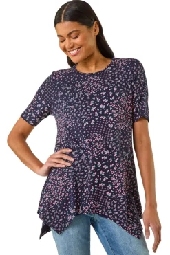 Tops>Roman Floral Print Hanky Hem Tunic Top Plum