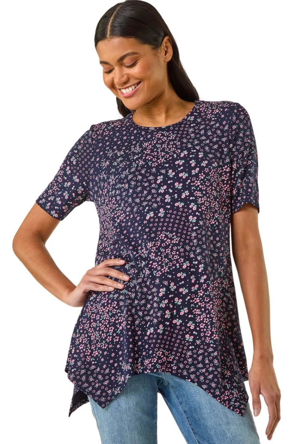Tops>Roman Floral Print Hanky Hem Tunic Top Plum