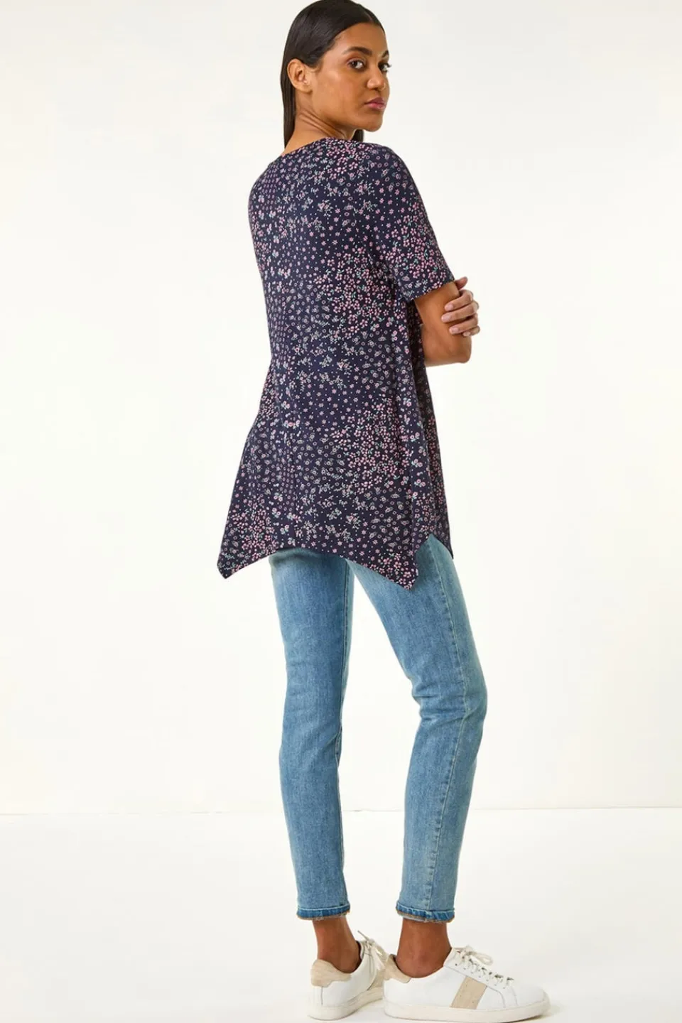 Tops>Roman Floral Print Hanky Hem Tunic Top Plum