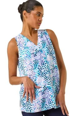 Tops>Roman Purple Abstract Print V Neck Pleat Top