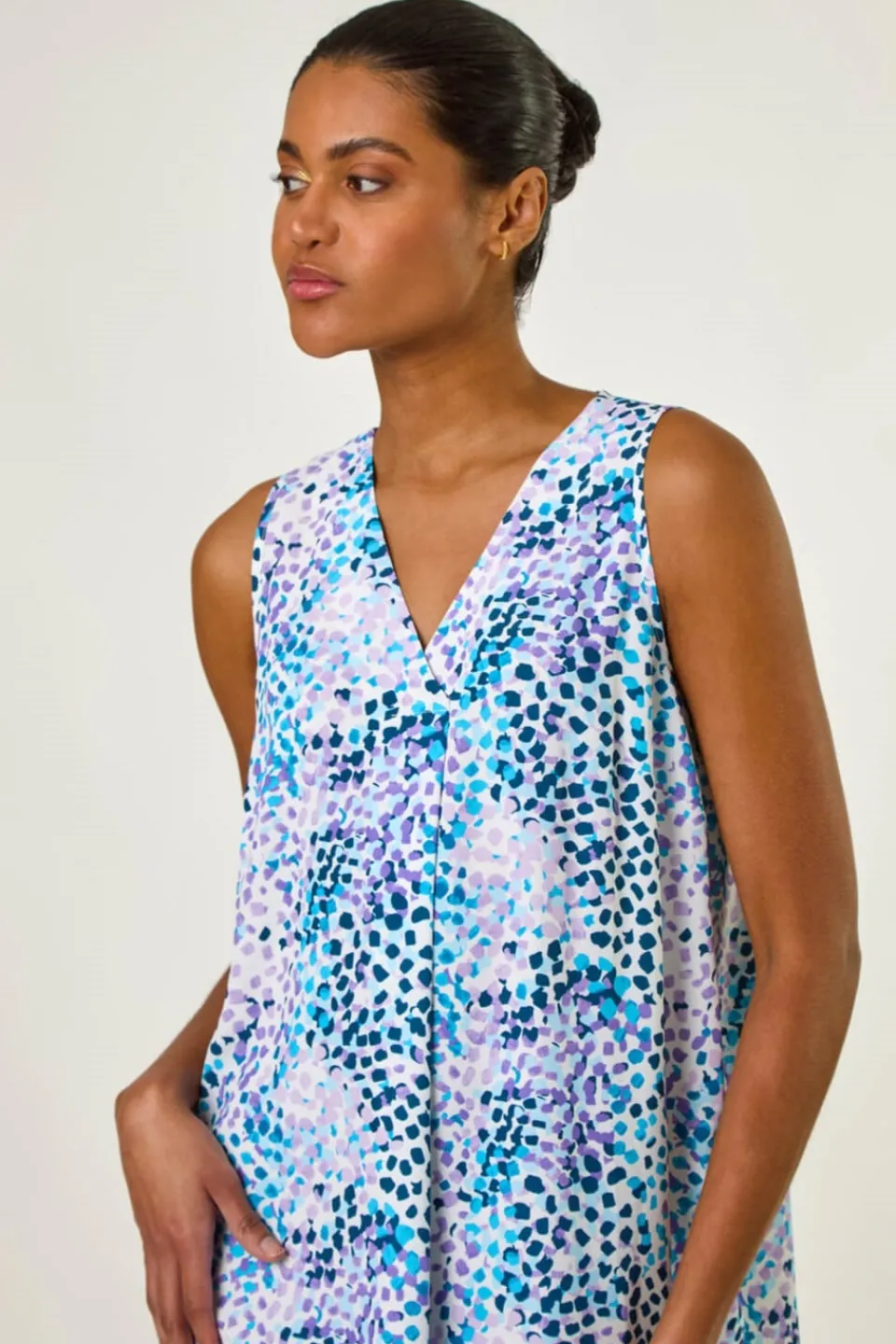 Tops>Roman Purple Abstract Print V Neck Pleat Top