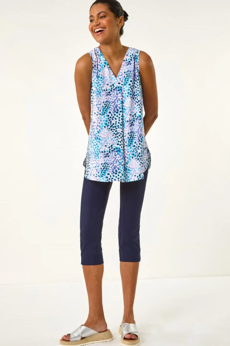 Tops>Roman Purple Abstract Print V Neck Pleat Top