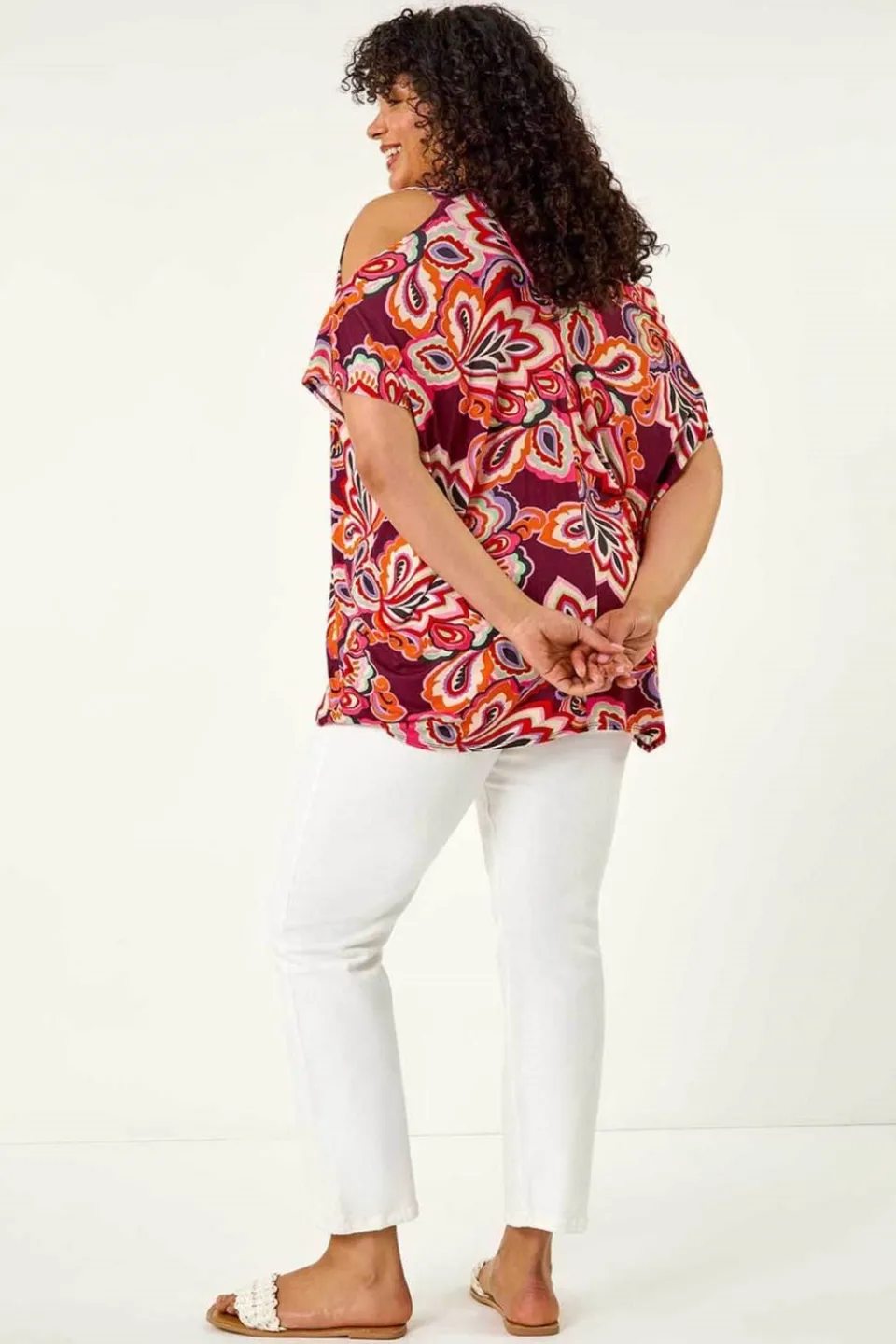 Tops>Roman Purple Curve Floral Print Cold Shoulder Top