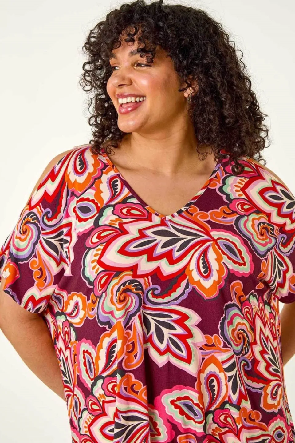 Tops>Roman Purple Curve Floral Print Cold Shoulder Top