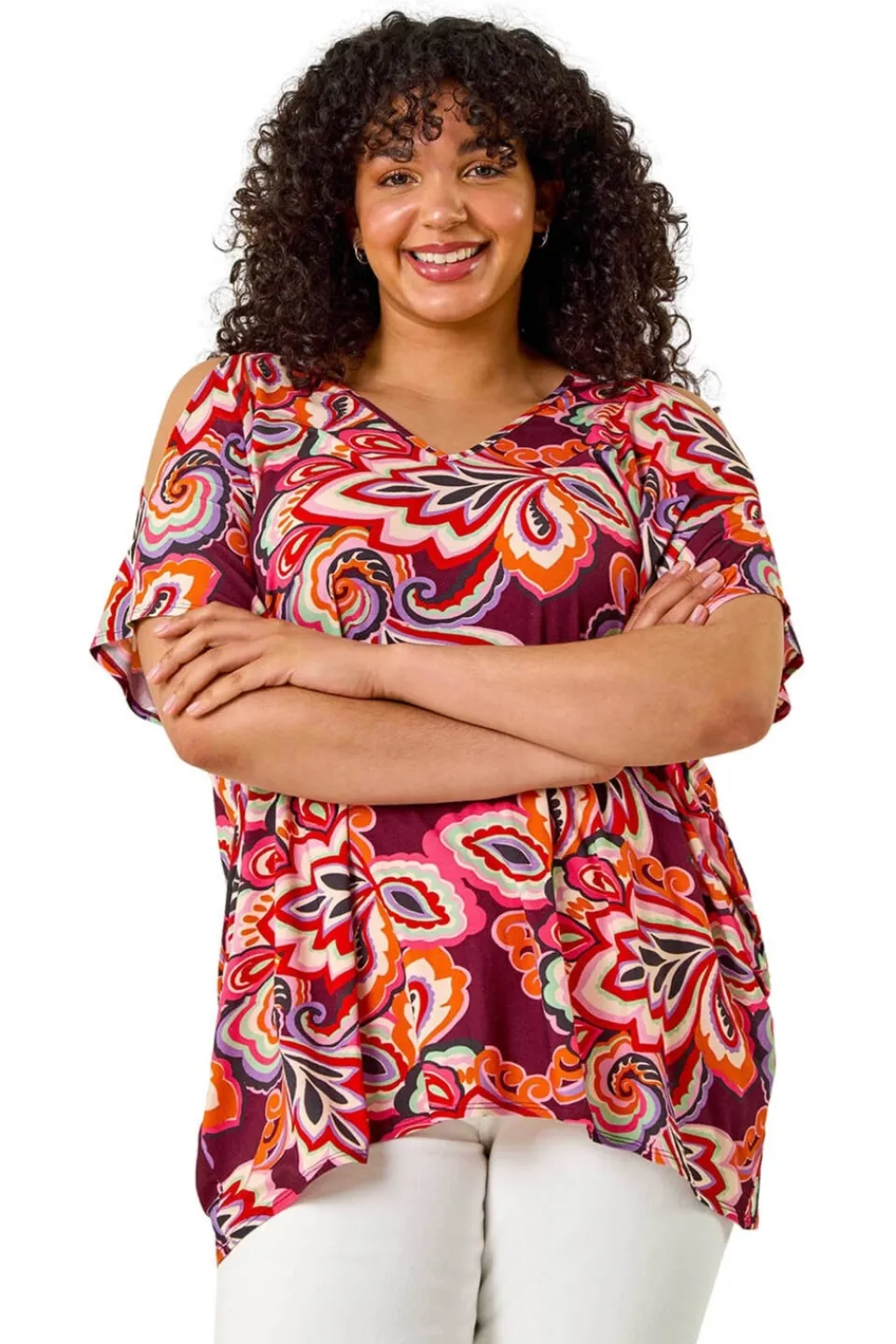 Tops>Roman Purple Curve Floral Print Cold Shoulder Top