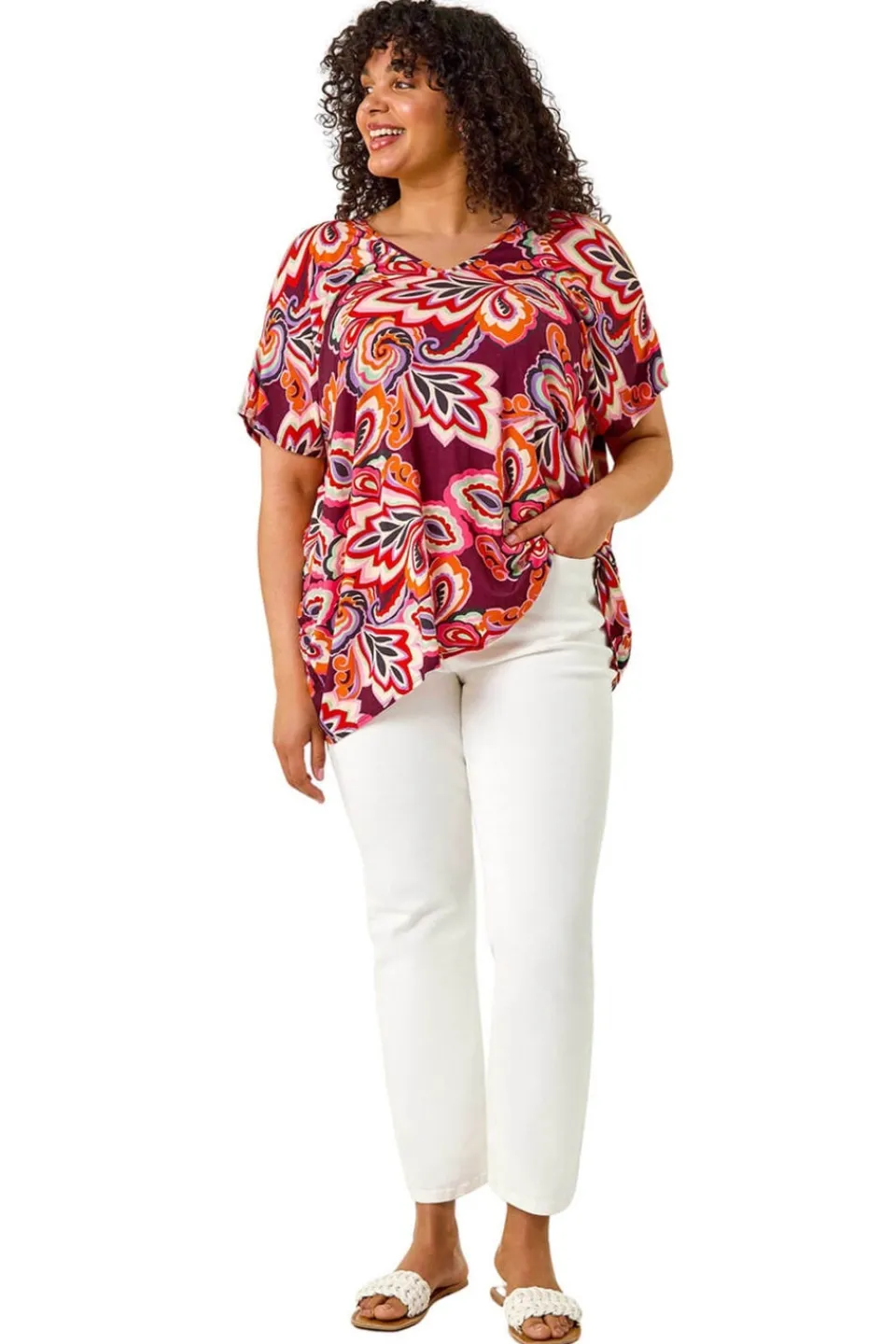 Tops>Roman Purple Curve Floral Print Cold Shoulder Top