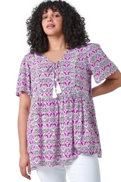 Tops>Roman Purple Curve Tie Front V-Neck Boho Printed Top