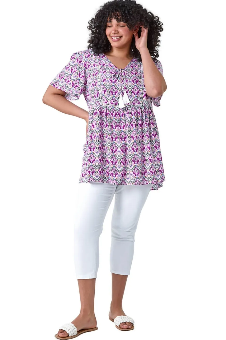 Tops>Roman Purple Curve Tie Front V-Neck Boho Printed Top
