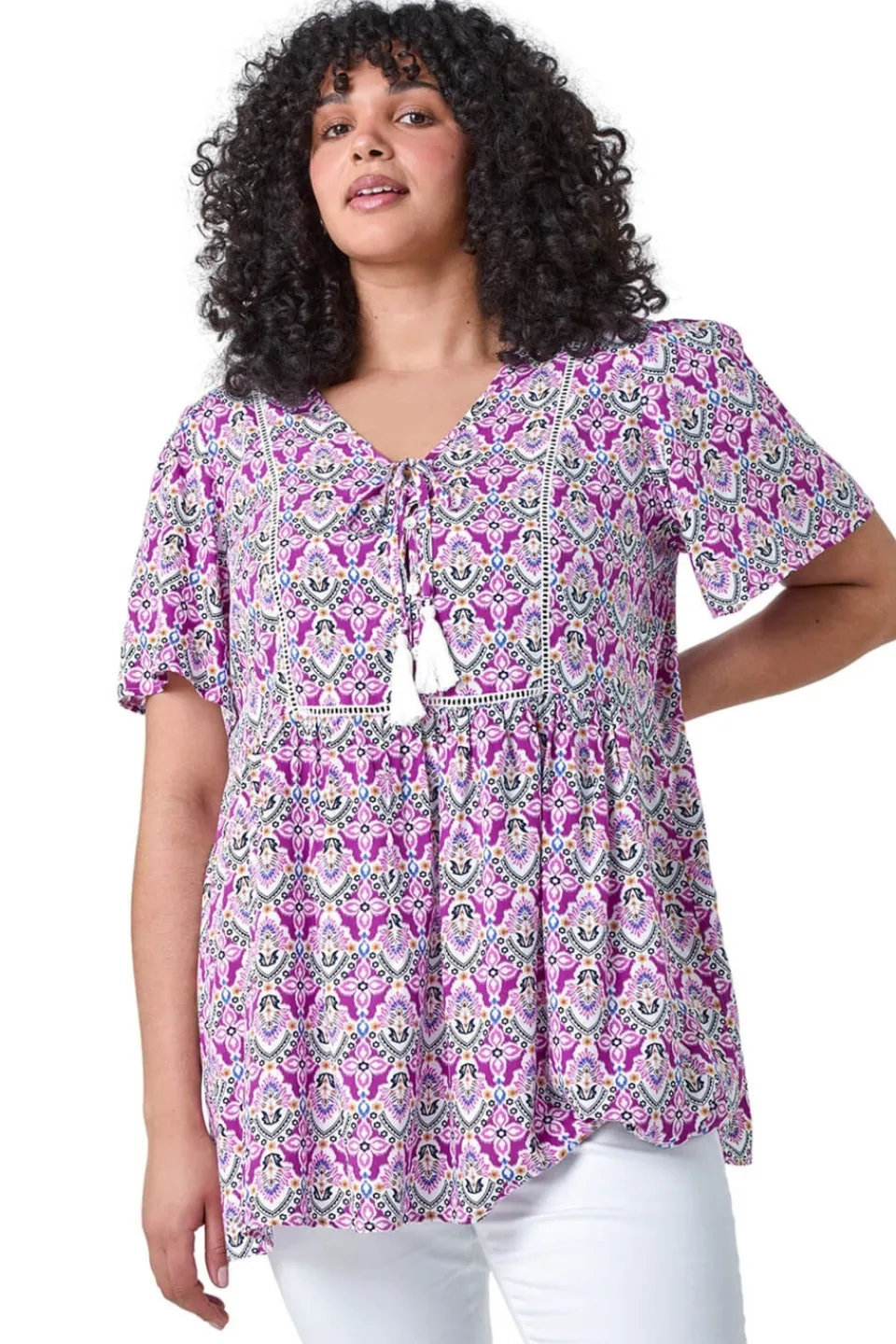 Tops>Roman Purple Curve Tie Front V-Neck Boho Printed Top