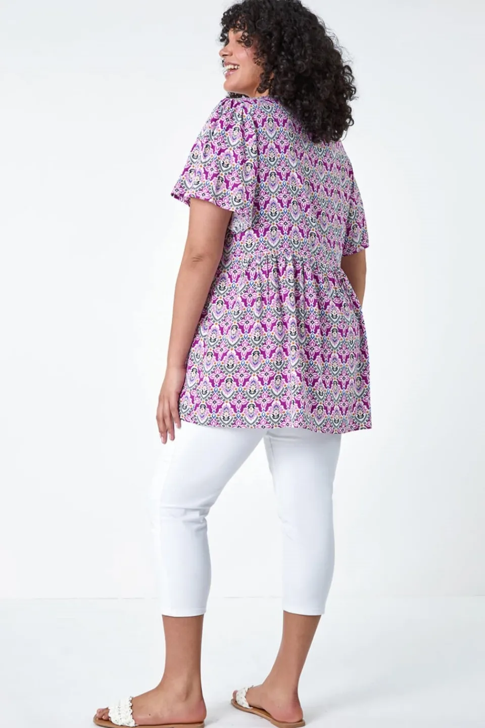 Tops>Roman Purple Curve Tie Front V-Neck Boho Printed Top