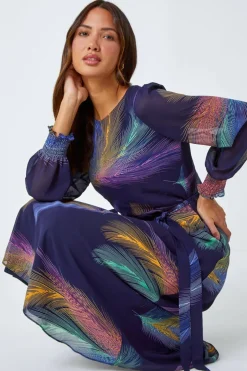 Dresses>Roman Purple Feather Print Belted Midi Dress