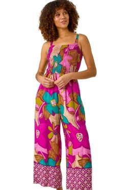 Jumpsuits & Playsuits>Roman Purple Floral Border Ruched Jumpsuit