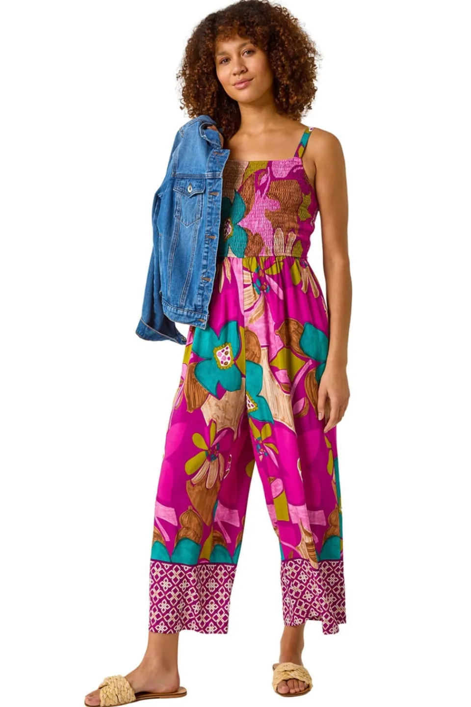 Jumpsuits & Playsuits>Roman Purple Floral Border Ruched Jumpsuit